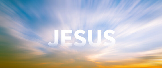 Fototapeta premium Jesus and Faith concept. words written with Clouds blue sky, Inspirational Christian message of hope and belief journey with the word faith. not ai