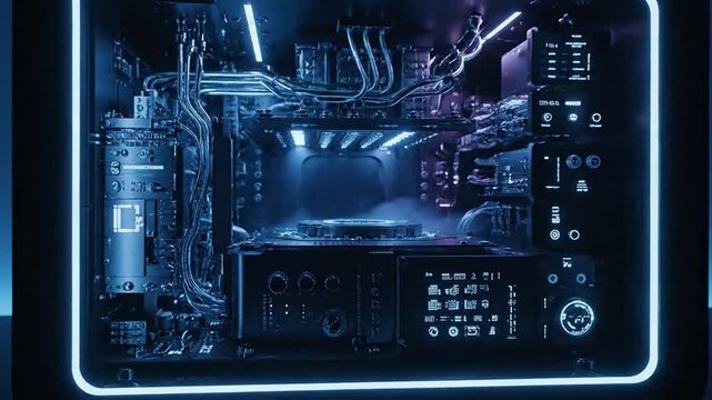 Futuristic data core processor unit glowing blue on a dark electronic circuit board background