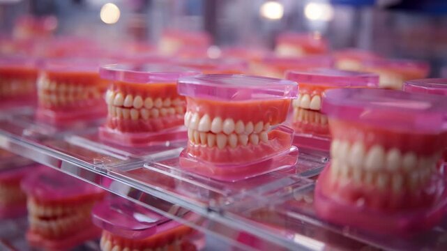 Medium shot capturing full set of orthodontic models under vacuum pressure plastic conforming closely as background remains out of focus for clarity.