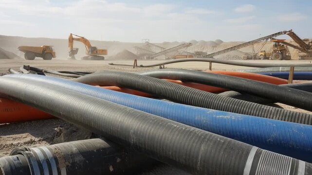 Side view of rugged quarry hoses laid out at a mining site emphasizing different material grades engineered for longlasting abrasion protection.