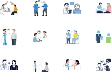 Illustrations of people interacting in various settings isolated on transparent background