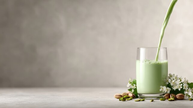 A fresh green smoothie beautifully arranged in a glass, with complementary ingredients like pistachios and flowers around it, showcasing health and wellness in a serene setting.
