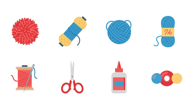 Crafting essentials: yarn, glue, scissors, and more in flat design