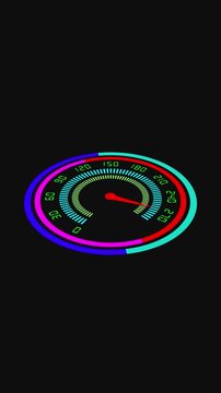 Circular Speedometer Gauge with Red Needle and Colorful Segments on vertical mobile video. Futuristic speedometer display with red needle and dynamic colorful segments for engaging motion visuals.