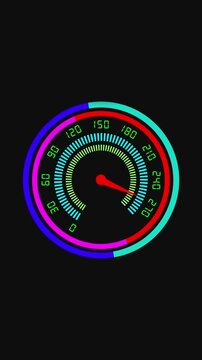 Circular Speedometer Gauge with Red Needle and Colorful Segments on vertical mobile video Black Background. Futuristic circular gauge with red needle and dynamic colorful segments creating engaging .