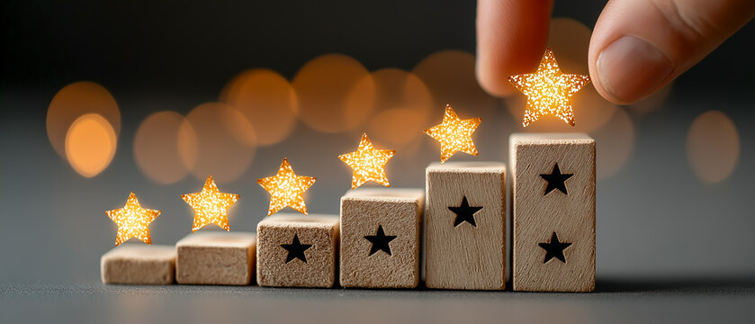 レビュー評価を積み上げる成長イメージ、五つ星の強化