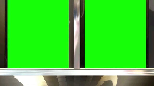 Broadcast news studio split screen green screen background with metallic silver frame 3d loop animation