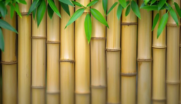 Natural bamboo fence background with vertical bamboo poles, light tan beige bamboo texture, small green bamboo leaves in corners, tropical zen aesthetic, natural wood pattern with visible joints and