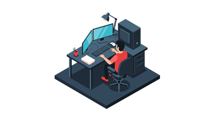 Isometric workspace design with dual monitors and modern tech equipment