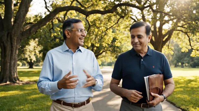 Two mature South Asian men walk through a sunny park while engaged in a professional conversation. They are dressed in smart casual attire. Ideal for business networking or lifestyle themes.