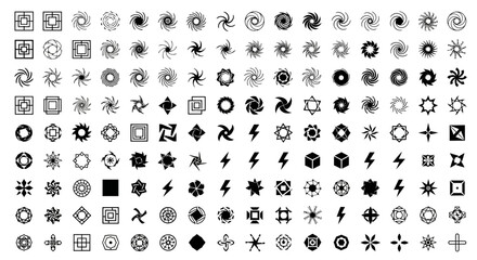Fototapeta premium Geometric abstract vector icons set. Black minimalist shapes, symbols, and elements for UI, app, web design, branding, and logos, isolated on white