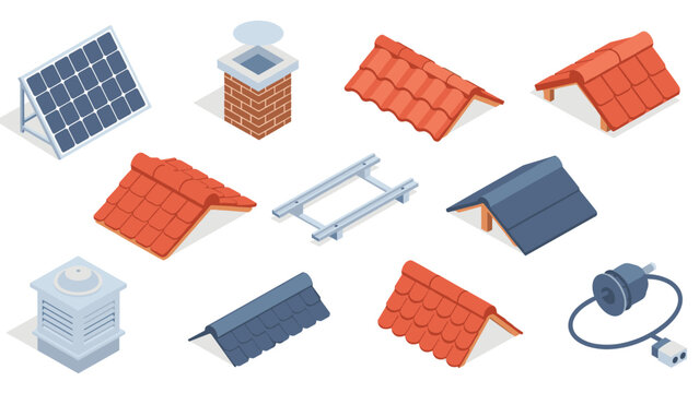 Isometric roof elements with solar panel and chimney for urban construction projects