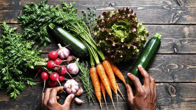 Hands arranging vegetables for farm-to-table flat lay minimalist organic styling