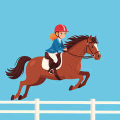 Vector art showing young girl in red helmet jumping brown horse over white fence with bright blue sky background