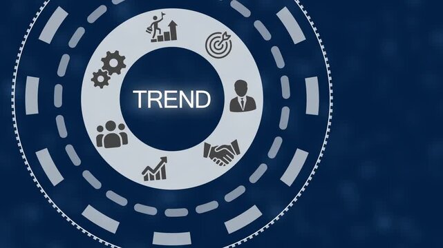 Circular infographic diagram with representing business trend concepts like teamwork growth target handshake and gears on a dark blue background