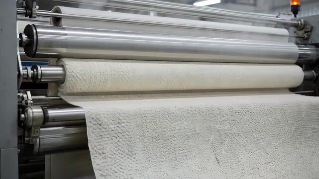 Medium shot of knitted fabrics moving through a compactor unit enhancing fabric density and uniform texture for a smooth polished finish in textile production.