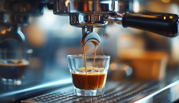 Espresso coffee brewing from professional espresso machine portafilter into clear glass, double shot extraction with rich crema, dark amber coffee stream flowing, chrome coffee machine group head