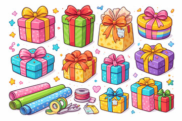 Colorful gift boxes with ribbons and wrapping supplies