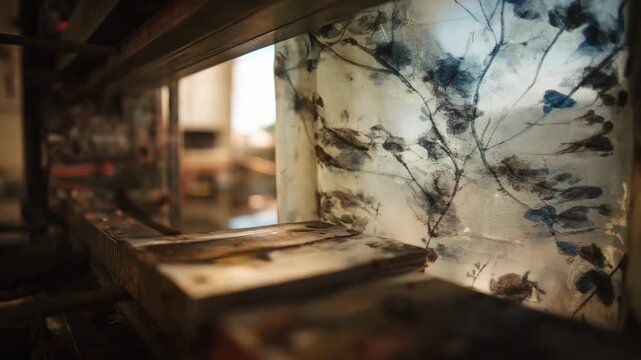 Intimate medium shot of a monoprint press room section highlighting spontaneous ink patterns on a glass plate paper waiting to be pressed background gently diffused.