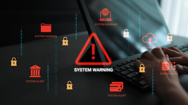 System Warning Alert Notification on Laptop with Digital Security Icons and Background Threat Awareness Gluon.