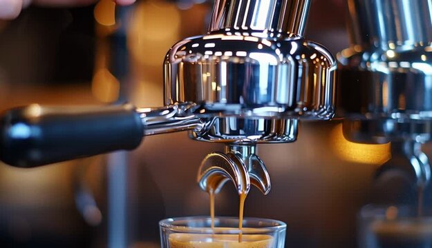 Espresso coffee brewing from professional espresso machine portafilter into clear glass, double shot extraction with rich crema, dark amber coffee stream flowing, chrome coffee machine group head