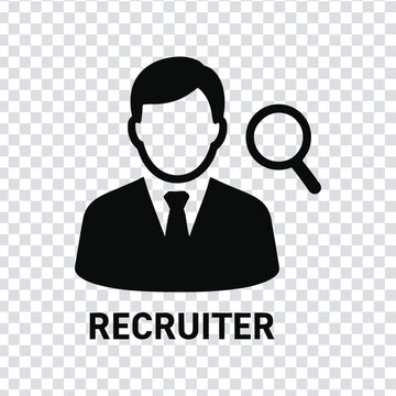Black silhouette of a businessman with a magnifying glass recruiter icon
