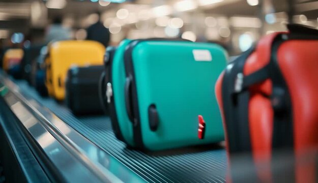 Colorful hard-shell suitcases on airport baggage claim carousel conveyor belt, red suitcase in focus foreground with black and colorful luggage behind, modern airport terminal interior, blurred trav