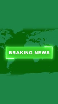 Green breaking news banner on world map background