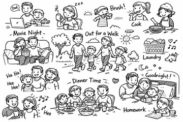 Fototapeta premium Caucasian family daily activities: cooking, walking, and quality time together with children