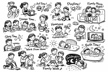 Fototapeta premium Family activities at home: play, work, study, relax - diverse illustrated scenes