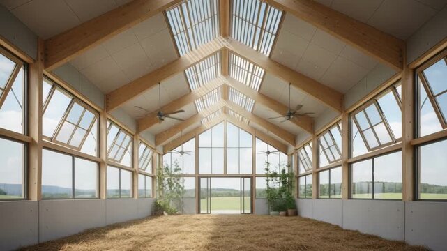 View inside a modern barn showcasing natural ventilation through open windows and roof vents allowing continuous airflow.