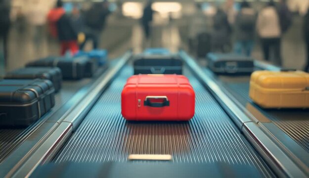Colorful hard-shell suitcases on airport baggage claim carousel conveyor belt, red suitcase in focus foreground with black and colorful luggage behind, modern airport terminal interior, blurred trav
