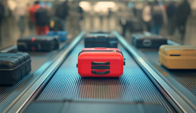 Colorful hard-shell suitcases on airport baggage claim carousel conveyor belt, red suitcase in focus foreground with black and colorful luggage behind, modern airport terminal interior, blurred trav