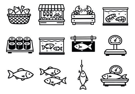Line art fish and seafood icon set featuring various market elements, fishing, and culinary items for food commerce and industry