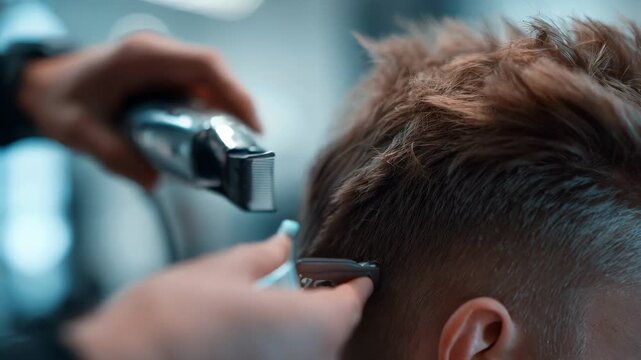 Medium shot of a student using clippers on a live models hair with sharp focus on the clipper background blurred to emphasize precision in a haircut practice bay.