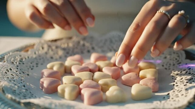 Pastry Chef Hands Place Pink Marzipan Hearts on Decorative Tray. Valentines Day