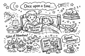 Obraz premium Children reading bedtime stories: adventures and sweet dreams with fantasy creatures