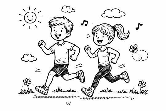 Joyful cartoon kids running outdoors in sunlit field with flowers and music