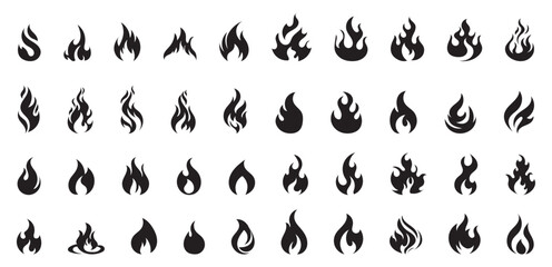 Fototapeta premium Big set of fire flame vector icons. Collection of fire and flame icons. Bonfire icons, flaming elements.