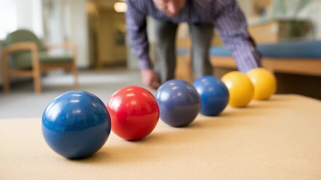 Therapy balls arranged in a functional movement area with a person performing gait checks in a softly blurred background.