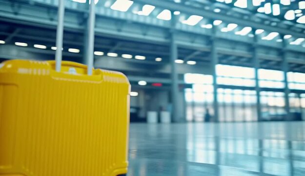 Bright yellow hard-shell rolling suitcase with telescopic handle standing alone on polished floor in modern train station or airport terminal