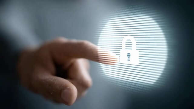 Businessman touching digital lock interface, activating security system through futuristic glowing circle with binary code background, ensuring data protection