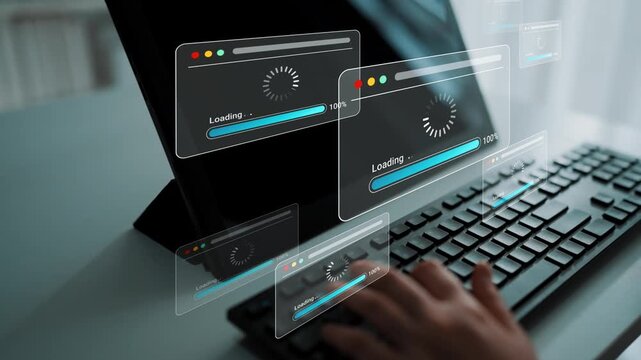 Hands Typing on Keyboard with Digital Loading Icons Displayed on Laptop Screen in Modern Office Environment Gluon.