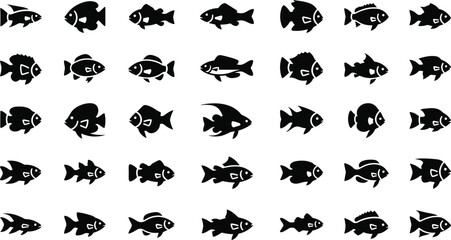 Fototapeta premium Multiple black fish silhouettes swimming in different directions on white background