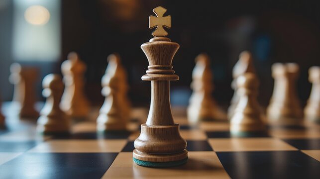 Wooden chess piece of the king on the chessboard. Victory concept.