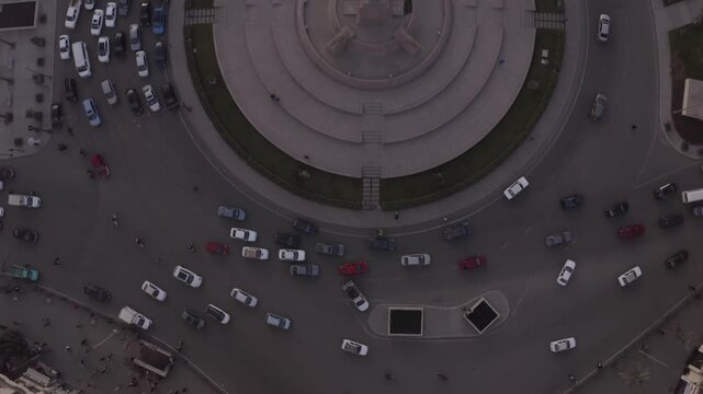 Tahrir Square Aerial Top-Down View, Cairo Downtown Traffic Circle with Obelisk and Rams Statues, Egypt Urban Landscape