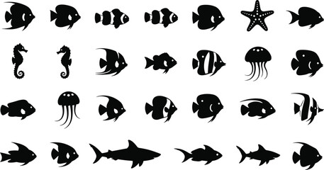 Diverse collection of ocean creature silhouettes for design