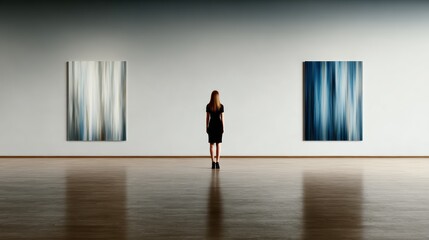 Obraz premium A solitary figure stands before two abstract artworks in a minimalist art gallery, lost in thought and contemplation, emphasizing the introspective and emotional connection to art.