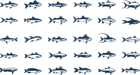 Multiple fish silhouettes in various swimming positions on white background