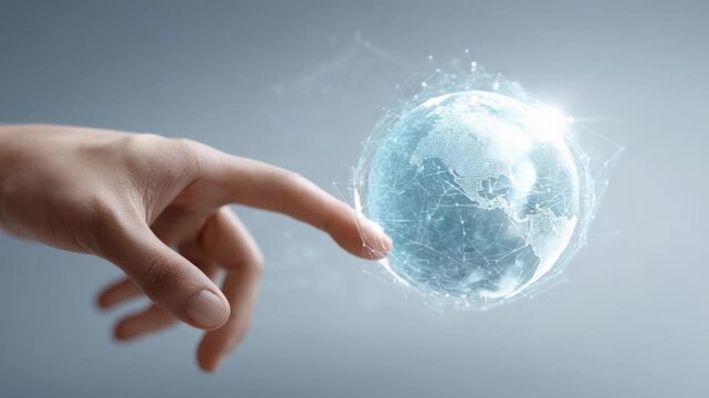 Digital earth hologram glowing under human fingertip, representing worldwide connectivity, technological innovation, and planetary interconnectedness